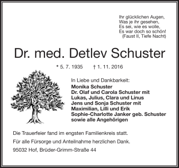 Traueranzeige von Detlev Schuster von Frankenpost