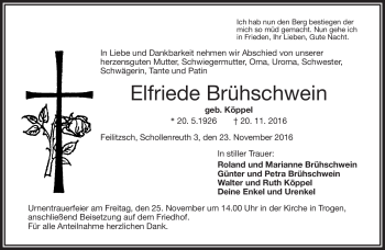Traueranzeige von Elfriede Brühschwein von Frankenpost