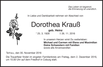 Traueranzeige von Dorothea Krauß von Neue Presse Coburg