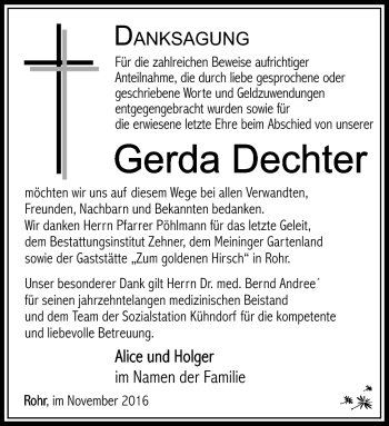 Traueranzeige von Gerda Dechter von Südthüringer Presse