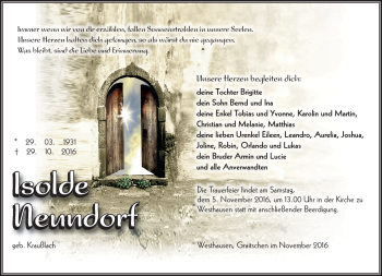 Traueranzeige von Isolde Neundorf von Südthüringer Presse