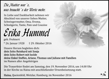 Traueranzeige von Erika Hummel von Südthüringer Presse