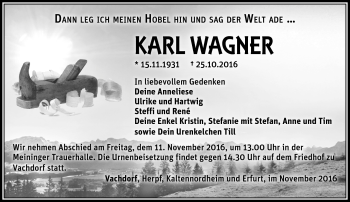 Traueranzeige von Karl Wagner von Südthüringer Presse