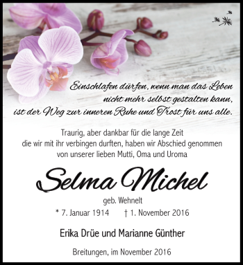 Traueranzeige von Selma Michel von Südthüringer Presse