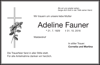 Traueranzeige von Adeline Fauner von Frankenpost