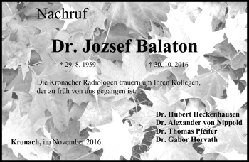 Traueranzeige von Jozsef Balaton von Neue Presse Coburg