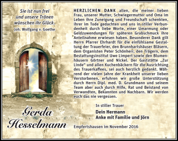 Traueranzeige von Gerda Hesselmann von Südthüringer Presse
