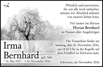 Traueranzeige von Irma Bernhard von Südthüringer Presse