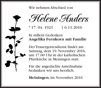 Traueranzeige von Helene Anders von Südthüringer Presse