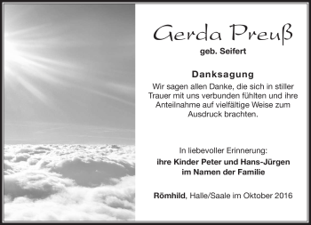 Traueranzeige von Gerda Preuß von Südthüringer Presse