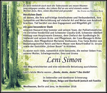 Traueranzeige von Leni Simon von Südthüringer Presse