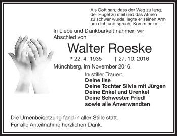 Traueranzeige von Walter Roeske von Frankenpost