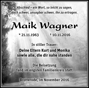 Traueranzeige von Maik Wagner von Südthüringer Presse