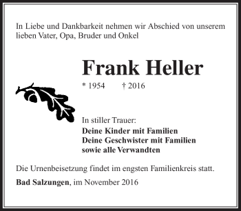 Traueranzeige von Frank Heller von Südthüringer Presse