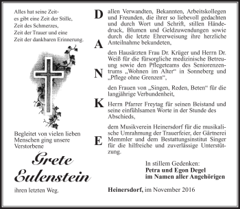 Traueranzeige von Grete Eulenstein von Südthüringer Presse