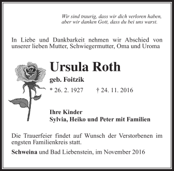 Traueranzeige von Ursula Roth von Südthüringer Presse