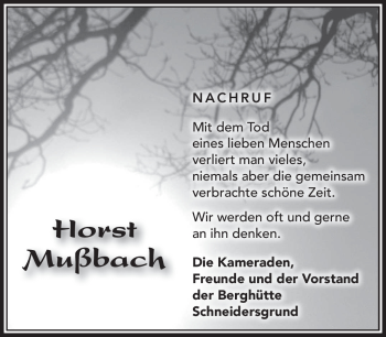 Traueranzeige von Horst Mußbach von Südthüringer Presse