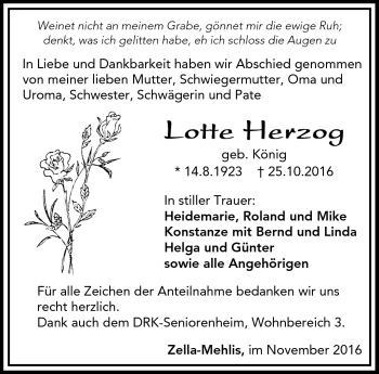 Traueranzeige von Lotte Herzog von Südthüringer Presse