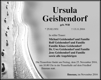 Traueranzeige von Ursula Geishendorf von Südthüringer Presse