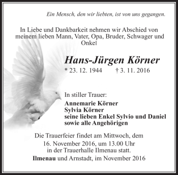 Traueranzeige von Hans-Jürgen Körner von Südthüringer Presse