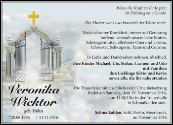 Traueranzeige von Veronika Wicktor von Südthüringer Presse