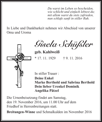 Traueranzeige von Gisela Schüßler von Südthüringer Presse