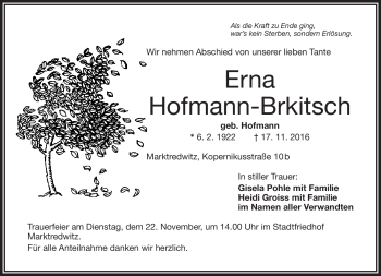 Traueranzeige von Erna Hofmann-Brkitsch von Frankenpost