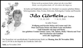 Traueranzeige von Ida Gärtlein von Südthüringer Presse