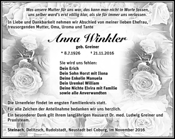 Traueranzeige von Anna Winkler von Südthüringer Presse