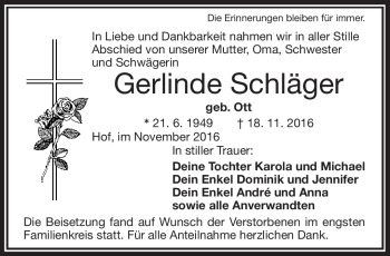 Traueranzeige von Gerlinde Schäger von Frankenpost