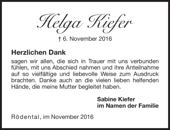 Traueranzeige von Helga Kiefer von Neue Presse Coburg