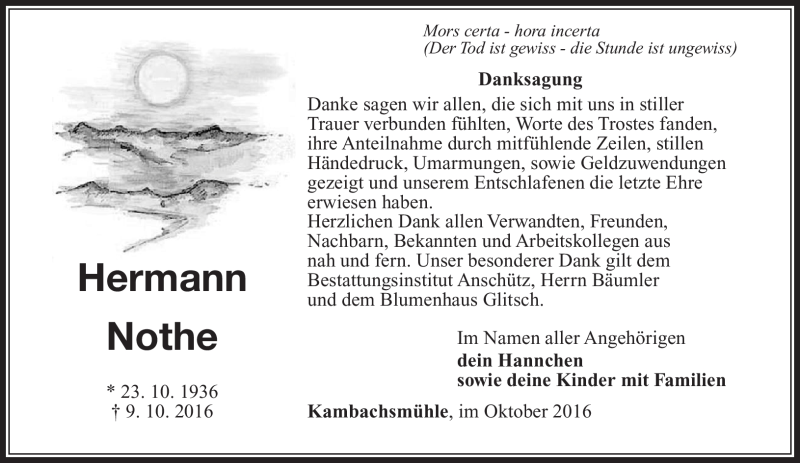  Traueranzeige für Hermann Nothe vom 05.11.2016 aus Südthüringer Presse