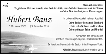 Traueranzeige von Hubert Banz von Südthüringer Presse