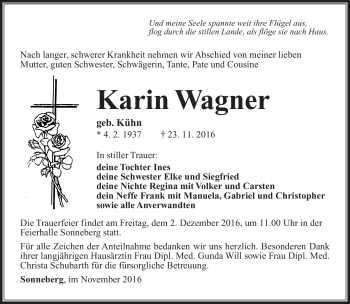 Traueranzeige von Karin Wagner von Südthüringer Presse