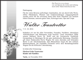 Traueranzeige von Walter Trautvetter von Südthüringer Presse