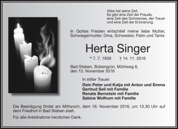 Traueranzeige von Herta Singer von Frankenpost