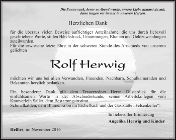 Traueranzeige von Rolf Herwig von Südthüringer Presse
