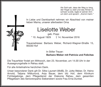 Traueranzeige von Liselotte Weber von Frankenpost