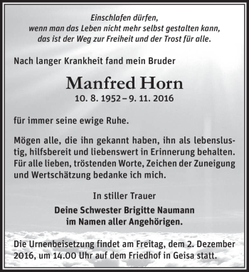 Traueranzeige von Manfred Horn von Südthüringer Presse