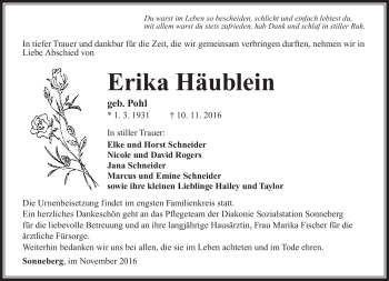 Traueranzeige von Erika Häublein von Südthüringer Presse