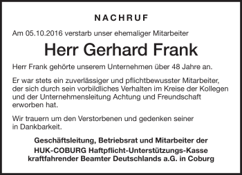 Traueranzeige von Gerhard Frank von Neue Presse Coburg