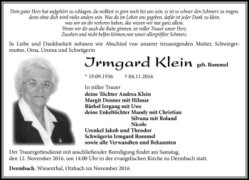 Traueranzeige von Irmgard Klein von Südthüringer Presse