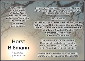 Traueranzeige von Horst Bißmann von Südthüringer Presse