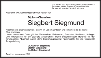Traueranzeige von Siegbert Siegmund von Südthüringer Presse