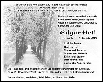 Traueranzeige von Edgar Heil von Südthüringer Presse
