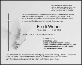 Traueranzeige von Fredi Weber von Frankenpost