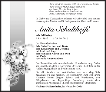 Traueranzeige von Anita Schulheiß von Südthüringer Presse