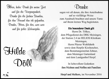 Traueranzeige von Hilde Döll von Südthüringer Presse