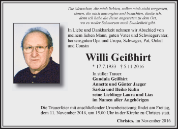 Traueranzeige von Willi Geißhirt von Südthüringer Presse