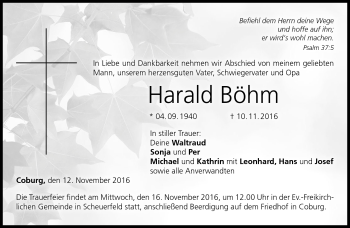 Traueranzeige von Harald Böhm von Neue Presse Coburg